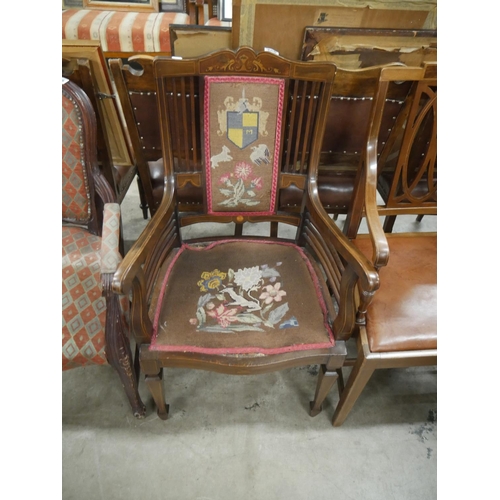 466 - EDWARDIAN INLAID CHAIR WITH COAT OF ARMS TAPESTRY