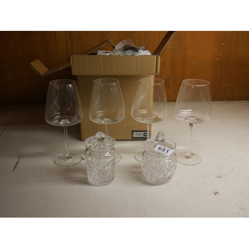 651 - WINE GLASSES & 2 PRESERVE JARS