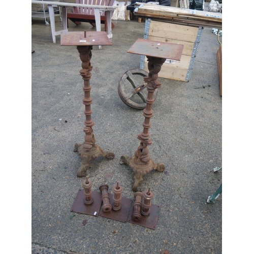 59 - 2 TALL CAST IRON TABLE BASES PLUS RISERS