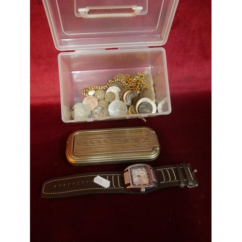 743 - BOX OF COINS & WATCH