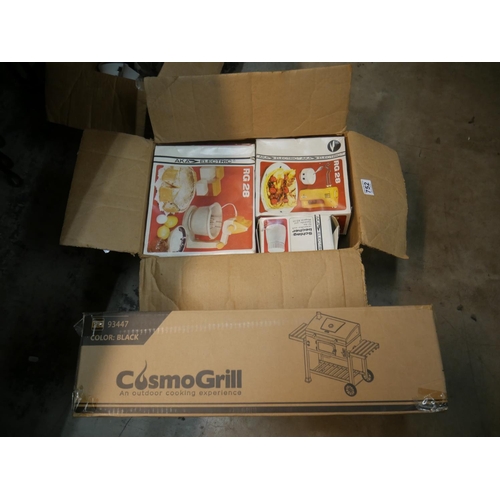 752 - BOX OF KITCHEN ITEMS PLUS COSMO GRILL