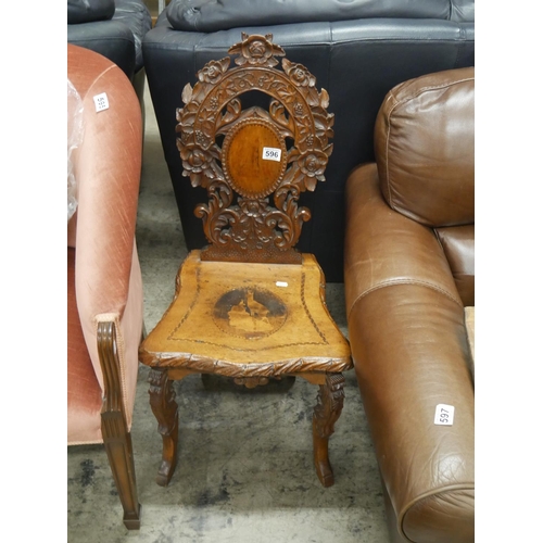 596 - ANTIQUE WALNUT CARVED HALL CHAIR