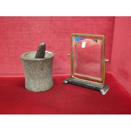 721 - PESTLE & MORTAR PLUS SMALL BRASS FRAMED MIRROR