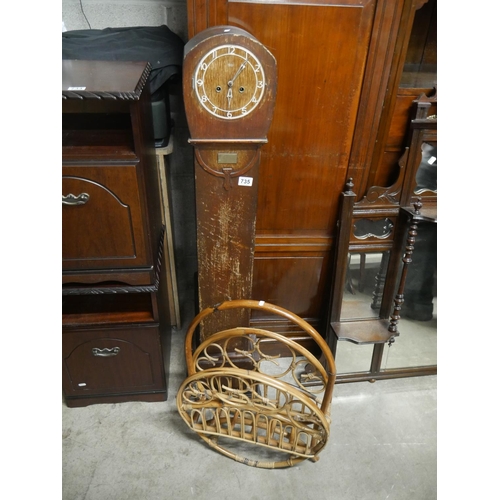 735 - BAMBOO MAGAZINE RACK & OLD GRANDDAUGHER CLOCK