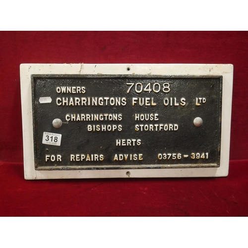 318 - METAL PLAQUE ON WOODEN MOUNT