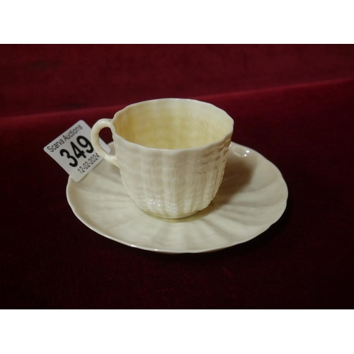 349 - BLACK STAMP BELLEEK CUP & SAUCER