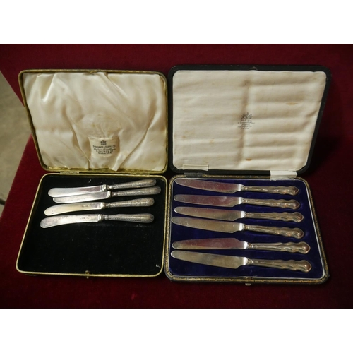 385 - SET OF BOXED SILVER HANDLED KNIVES PLUS ANOTHER