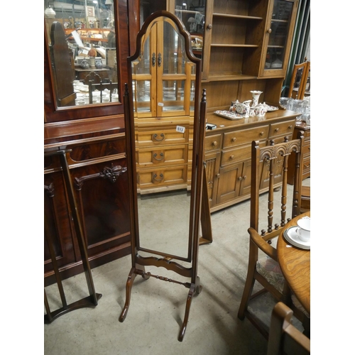 513 - MAHOGANY CHEVAL MIRROR WITH BEVELLED GLASS