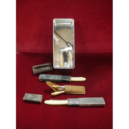 198 - TIN OF PENKNIVES & CUT THROAT RAZORS