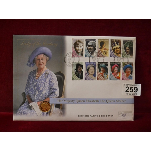 259 - 22 CT COMMEMORATIVE COIN IN COVER - THE QUEEN MOTHER