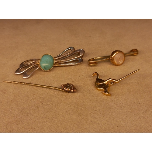 271 - GOLD STICK PIN, SILVER BROOCH ETC