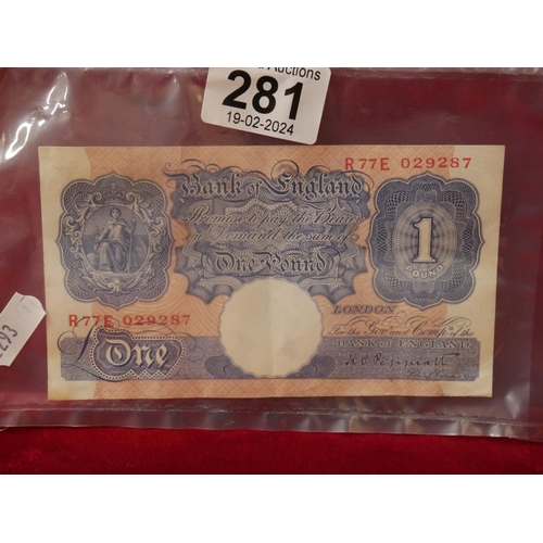 281 - BANK OF ENGLAND £1 NOTE