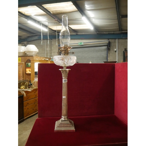 285 - SILVER PLATED WALKER & HALL OIL LAMP WITH CUT GLASS BOWL & DOUBLE HINKS BURNER