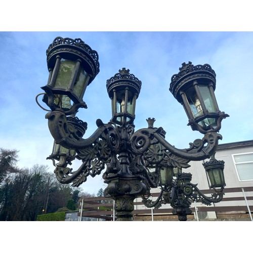 90 - PAIR OF 4 BRANCH CAST IRON STANDARD DRIVEWAY LAMPS APPROX 11' TALL