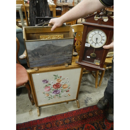 752 - TAPESTRY FIRESCREEN, CLOCK & MAGAZINE RACK