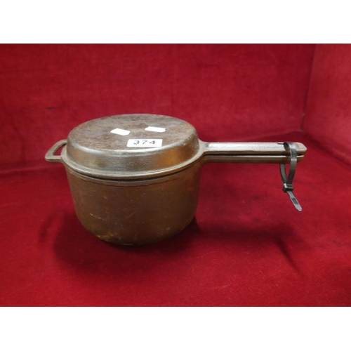 374 - CAST IRON SAUCEPAN WITH FRYING PAN LID