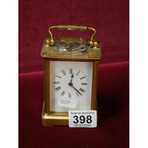 398 - BRASS & GLASS CARRIAGE CLOCK WITH KEYS