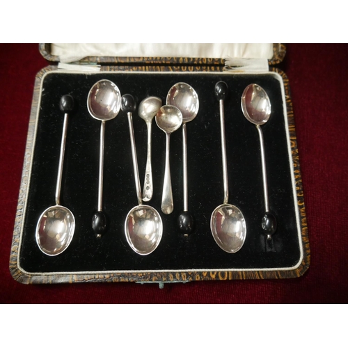 467 - BOXED SILVER COCKTAIL SPOONS PLUS 2 MUSTARD SPOONS