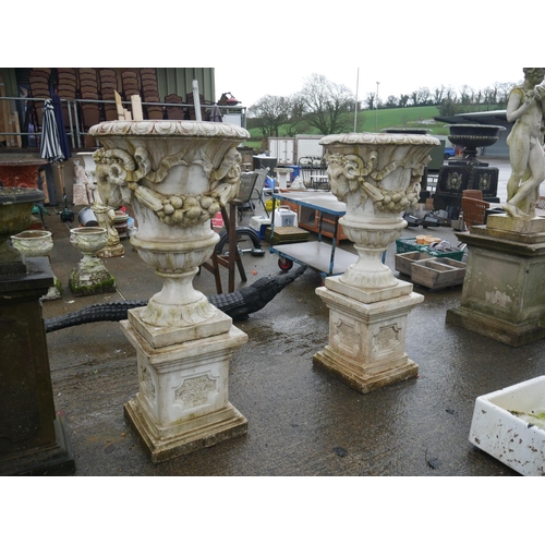 165 - PAIR OF RAMS HEAD CONCRETE JARDINIERES & BASES APPROX 5 FT HIGH