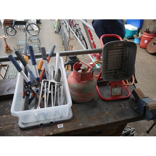 208 - GAS HEATER & CYLINDER PLUS BOX OF TOOLS