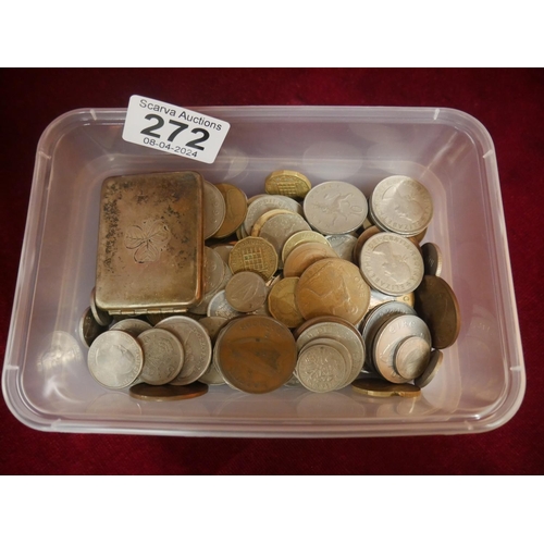 272 - TRAY OF COINS & SILVER PLATED CASE