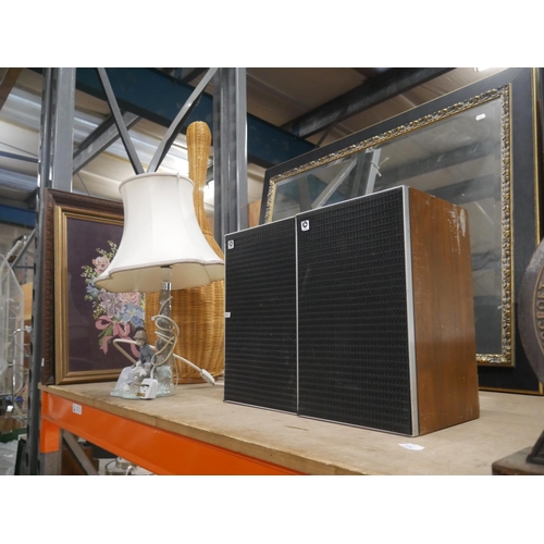 880 - NAO LAMP, SPEAKERS, WICKER VASE & FRAMED TAPESTRIES