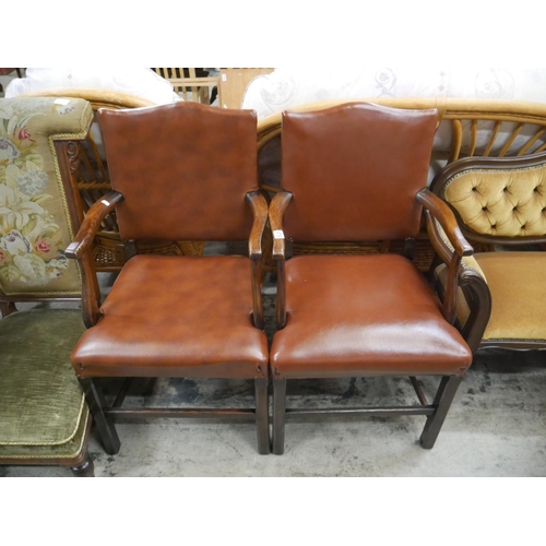 679 - PAIR OF GEORGIAN OAK & LEATHER OPEN ARMCHAIRS