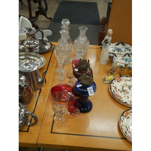 740 - 2 OIL LAMPS & MIXED GLASSWARE