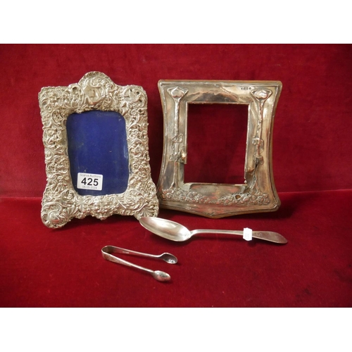 425 - SILVER PICTURE FRAMES IN POOR REPAIR PLUS SILVER SUGAR NIPS & LARGE DESSERT SPOON - MARK RUBBED