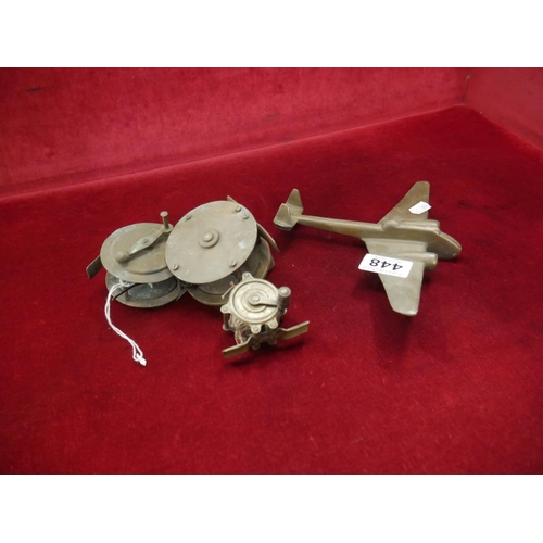 448 - BRASS MODEL AIRPLANE & 2 OLD FISHING REELS