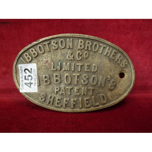 452 - OLD BRASS NAME PLAQUE