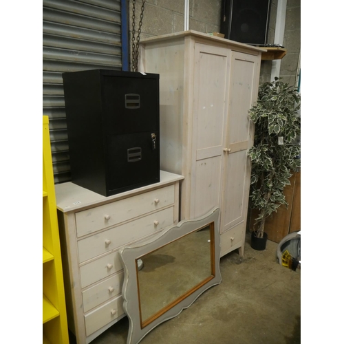 714 - PAINTED WARDROBE, CHEST OF DRAWERS & MIRROR