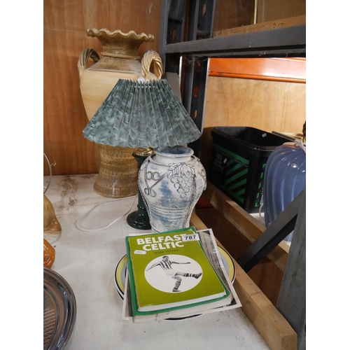 787 - 2 VASES, TABLE LAMP, BOOKS ETC