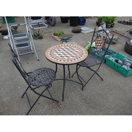 149 - MOSAIC TOP GARDEN TABLE & 2 CHAIRS