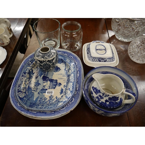 605 - BLUE & WHITE POTTERY ETC