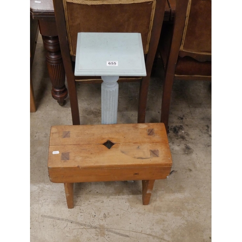 655 - OLD PINE STOOL PLUS PAINTED PLANT STAND