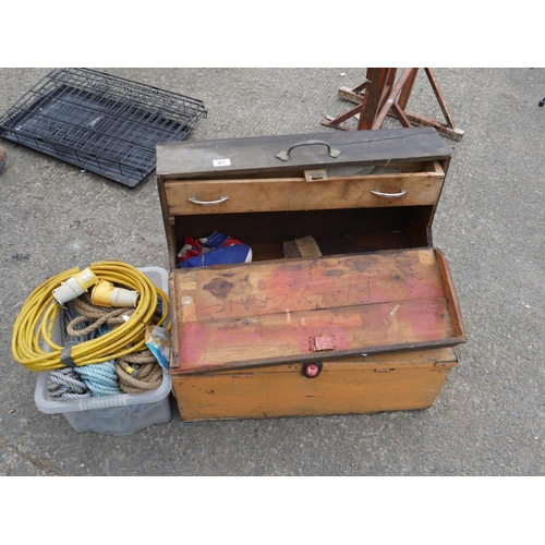 87 - 2 OLD TOOL BOXES PLUS BOX OF ROPE ETC