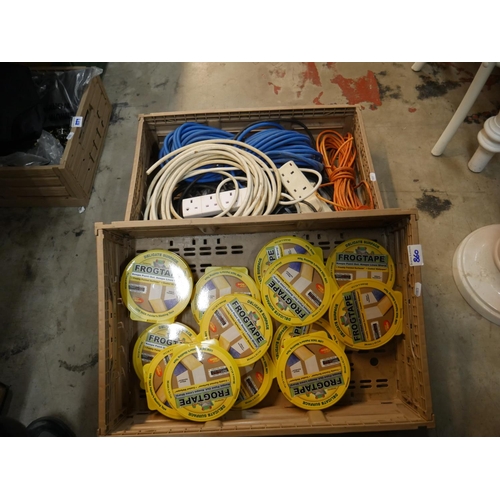 860 - BOX OF MASKING TAPE & LOT OF EXTENSION LEADS