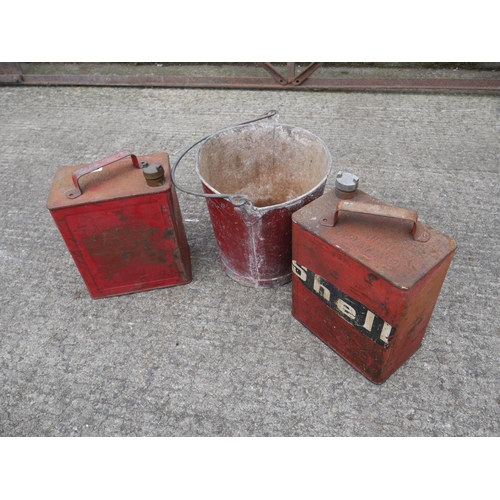 113 - 2 PETROL CANS & OLD FIRE BUCKET