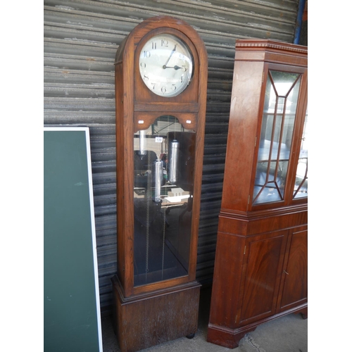 139 - GRANDFATHER CLOCK WITH TRIPLE WEIGHTS - SOME WOODWORM IN BACK