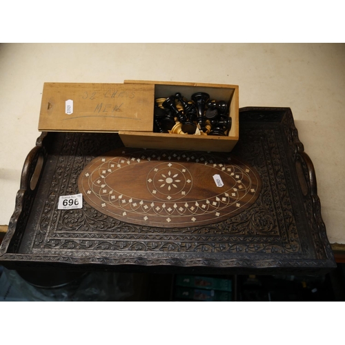 696 - CHESS PIECES & MOTHER OF PEARL INLAID TRAY