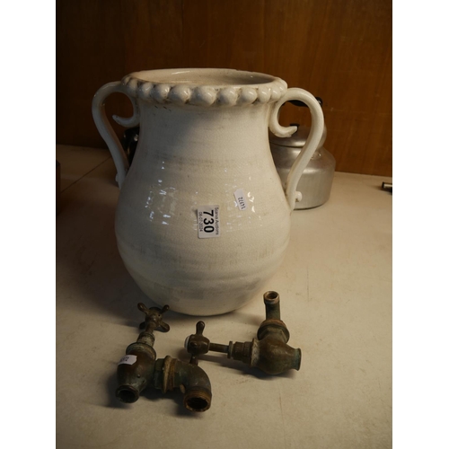 730 - PAIR OF BRASS TAPS & CERAMIC URN