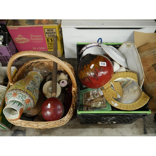 735 - BOX & BASKET OF MIXED CERAMICS