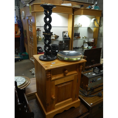 836 - PINE LOCKER, CONCAVE MIRROR, CANDLE STAND & WOODEN POT