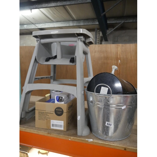 880 - GALVANIZED CONTAINER & CONTENTS PLUS HIGH CHAIR ETC