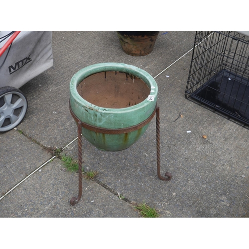 164 - GLAZED PLANTER & WROUGHT IRON STAND