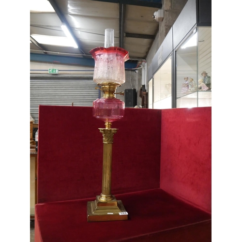 344 - RUBY OIL LAMP WITH VICTORIAN SHADE