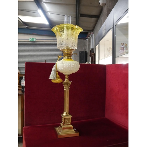 345 - VICTORIAN OIL LAMP WITH YELLOW TIPPED VICTORIAN SHADE - BASE HAS DRILLED BUT NOT FONT