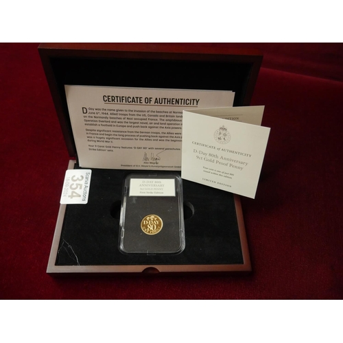 354 - D-DAY 9 CARAT GOLD 80th ANNIVERSARY PENNY WITH CERTIFICATE OF AUTHENTICITY