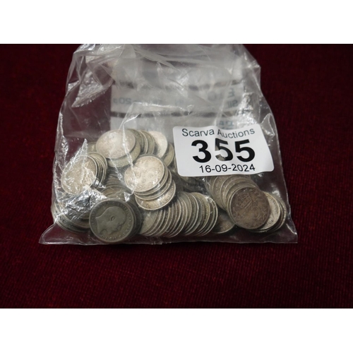 355 - 100 PRE-47 SILVER THREE PENCE COINS